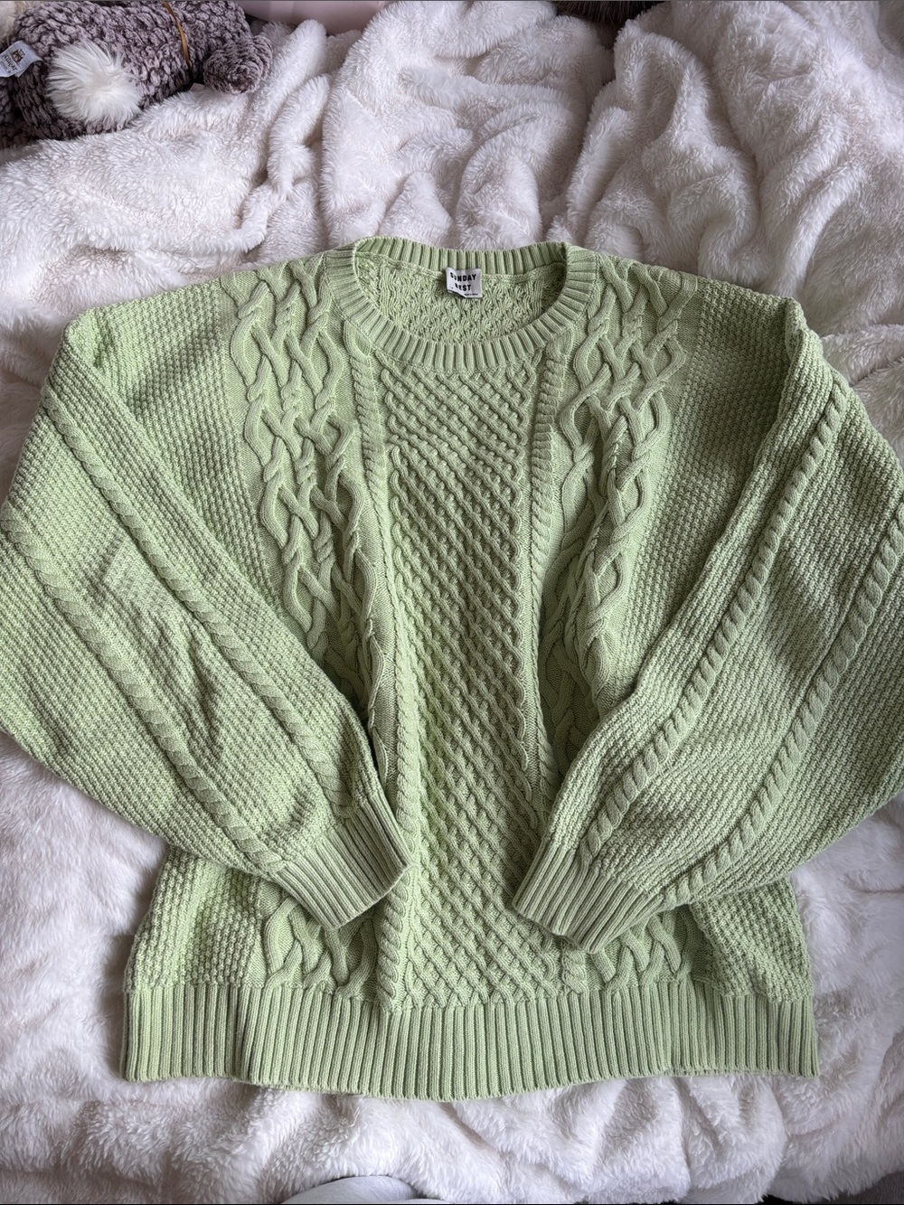 Sunday Best Light Green Cable Knit Crewneck Sweater